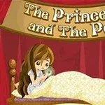 Piirroskuva prinsessasta sängyssä punaisen verhon edessä, otsikolla The Princess and The Pea