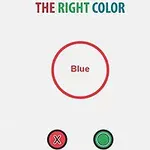 Teksti The Right Color ja sana Blue punaisessa ympyrässä valkoisella taustalla, alapuolella valintapainikkeet