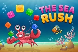 Punainen rapu merenpohjassa ilmeikkäällä katseella, ympärillä värikkäitä kuutioita, pieni kala, koralleja ja kuplia; oikeassa yläkulmassa värikkäät sanat THE SEA RUSH