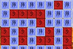 Punaisia ja sinisiä ruutuja numerolla yhdeksän, joissain ruuduissa kaksi pingviiniä
