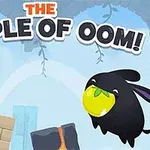 Kaksi värikästä, piirrettyä hirviöhahmoa pomppii ilmassa vihertävän auringon alla, taustalla kiviseinää ja viiniköynnöksiä, yläreunassa teksti The Temple of Oom!