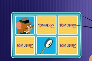 The Tom and Jerry Show: Memory Mischief Sinisellä taustalla oleva korttipeli, jossa on kuvakortteja, etsivähatulla hiiri ja suurennuslasi