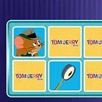 The Tom and Jerry Show: Memory Mischief Sinisellä taustalla oleva korttipeli, jossa on kuvakortteja, etsivähatulla hiiri ja suurennuslasi