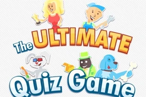 Sarjakuvatyylisiä hahmoja ja värikkäitä tekstejä, joissa lukee The Ultimate Quiz Game