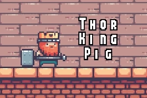 Pikselöity possuhahmo kruunulla, vasara kädessään ja teksti Thor King Pig taustalla