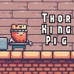 Pikselöity possuhahmo kruunulla, vasara kädessään ja teksti Thor King Pig taustalla