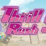 Vaaleanpunainen teksti Thrill Rush 5 taustalla vuoristoradat ja sininen taivas