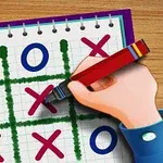 Käsi pitelee kynää ja piirtää rastin ruutupaperille piirrettyyn 3x3-ruudukkoon