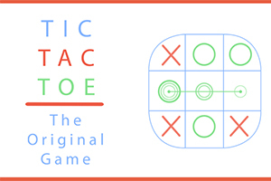 Tic-tac-toe-ruudukko, jossa on sinisiä X- ja vihreitä O-merkkejä sekä teksti TIC TAC TOE The Original Game