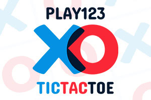 PLAY123-teksti ja sininen X sekä punainen O -logo vaalealla taustalla, jossa on haaleita X- ja O-kuvioita