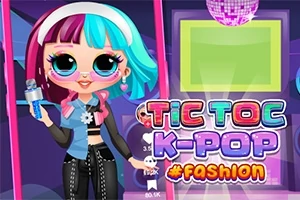 Värikkäästi pukeutunut nukke pienoismikrofonin kanssa, neonvärinen teksti Tic Toc K-Pop #Fashion korostettuna