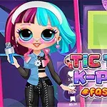 Värikkäästi pukeutunut nukke pienoismikrofonin kanssa, neonvärinen teksti Tic Toc K-Pop #Fashion korostettuna