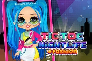 Värikäs piirroshahmo, jolla on siniset hiukset ja isot silmät, muotiasu ja värikäs teksti Tic Toc Nightlife #Fashion kaupungin siluettia vasten