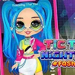 Värikäs piirroshahmo, jolla on siniset hiukset ja isot silmät, muotiasu ja värikäs teksti Tic Toc Nightlife #Fashion kaupungin siluettia vasten