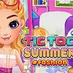 Kuvassa on tyttö, jolla on vaaleat hiukset ja aurinkolasit päässään, värikkäitä kesäisiä elementtejä ja tekstiä Tic Toc Summer #Fashion