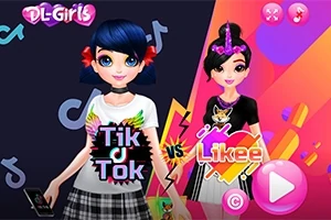 Kaksi nuorta naishahmoa seisoo vierekkäin, yksi tummansininen hiuksinen ja toinen mustahiuksinen, värikkäällä taustalla, jossa on tekstinä Tik Tok vs Likee