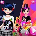 Kaksi nuorta naishahmoa seisoo vierekkäin, yksi tummansininen hiuksinen ja toinen mustahiuksinen, värikkäällä taustalla, jossa on tekstinä Tik Tok vs Likee