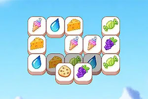 Taivaansinisellä taustalla on ruudukko, jossa on kuvakkeita kuten juustopaloja, vesipisaroita, värikkäitä karkkeja, viinirypäleitä ja salaatinlehtiä