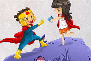 Superhero-asuun pukeutunut hahmo ja tyttö seisovat purppuraisen kiven päällä, ja tyttö ojentaa kirjan supersankarille