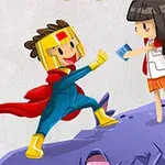 Superhero-asuun pukeutunut hahmo ja tyttö seisovat purppuraisen kiven päällä, ja tyttö ojentaa kirjan supersankarille