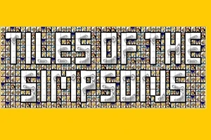 Tekstissä TILES OF THE SIMPSONS on taustana pieniä laattoja, joiden sisällä on kasvoja, keltaisella pohjalla