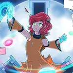 Anime-tyylinen hahmo seisoo teknologisessa tilassa ympärillään leijuvia värikkäitä esineitä ja loistaa valoa