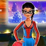 Nainen, jolla on päällään punasininen supersankariasu ja mustat suuret silmälasit, seisoo talvisessa sisätilassa ison ikkunan edessä, josta näkyy luminen maisema