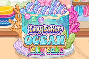 Värikäs sarjakuvatyylinen meriteemainen hyytelökakku simpukka- ja korallikoristeilla sekä tekstillä tiny baker ocean jelly cake