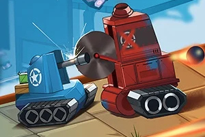 Sininen ja punainen piirretty tankki taistelevat toisiaan vastaan tiellä