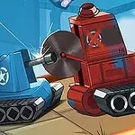 Sininen ja punainen piirretty tankki taistelevat toisiaan vastaan tiellä