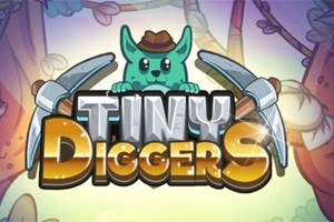 Piirretty vihreä hahmo hattu päässä pitelee kylttiä, jossa lukee TINY DIGGERS, ja sen ympärillä on kaksi piikkiä kaivostoimintateemaisessa ympäristössä