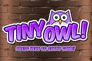 Violetti, piirretty pöllö logon yläpuolella, taustana ruskea tiiliseinä, alla teksti PRESS HERE TO START GAME!
