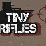 Siluetti sotilaasta, jolla on kivääri, tekstillä Tiny Rifles ja tähtäin oikealla