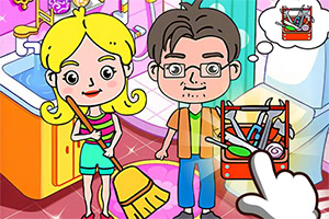 Sarjakuvatyylinen tyttö ja silmälasipäinen poika seisovat huoneessa, tytöllä on luuta ja kädessä näkyy sormi osoittamassa värikkäitä laatikoita