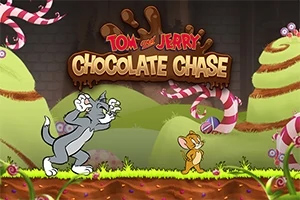 Tom and Jerry: Chocolate Chase Kissa ja hiiri juoksevat karkkimaisessa ympäristössä, jossa on värikkäitä karkkikeppejä ja suklaata