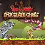 Tom and Jerry: Chocolate Chase Kissa ja hiiri juoksevat karkkimaisessa ympäristössä, jossa on värikkäitä karkkikeppejä ja suklaata