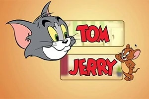 Tom-kissa ja Jerry-hiiri esitettyinä piirrettyinä keskellä oranssia taustaa, heidän nimensä punaisella tekstillä