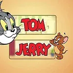 Tom-kissa ja Jerry-hiiri esitettyinä piirrettyinä keskellä oranssia taustaa, heidän nimensä punaisella tekstillä