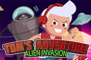 Piirroshahmo punaisissa kuulokkeissa etualalla, taustalla avaruusalus ja robotti, sekä teksti Toms Adventure Alien Invasion