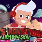 Piirroshahmo punaisissa kuulokkeissa etualalla, taustalla avaruusalus ja robotti, sekä teksti Toms Adventure Alien Invasion