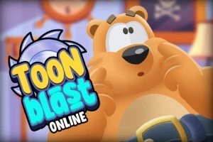 Piirretty karhu yllättyneillä kasvoilla, teksti Toon Blast Online vasemmassa reunassa