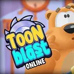 Piirretty karhu yllättyneillä kasvoilla, teksti Toon Blast Online vasemmassa reunassa