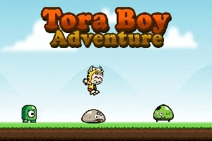 Tora Boy hyppää ilmassa kolmen eri muotoisen vihreän vihollisen yli