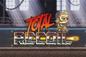 Pelin logo, jossa on teksti Total Recoil ja hahmo metallisessa ympäristössä