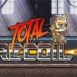 Pelin logo, jossa on teksti Total Recoil ja hahmo metallisessa ympäristössä