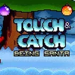 Joulupukki punaisissa asuissaan seisoo kuusen alla, jossa on koristepalloja, sekä teksti Touch & Catch Being Santa