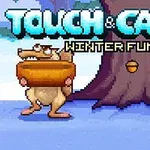 Piirroshahmo seisoo puun vieressä lumisessa maisemassa, pitäen pähkinää suuressa kulhossa, taustalla teksti Touch & Catch Winter Fun