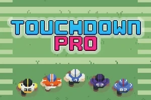 Viisi amerikkalaisen jalkapallon pelaajaa eri värisissä peliasuissa ruohokentällä tekstin Touchdown Pro alla