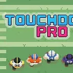 Viisi amerikkalaisen jalkapallon pelaajaa eri värisissä peliasuissa ruohokentällä tekstin Touchdown Pro alla