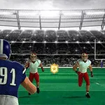 Amerikkalaisen jalkapallon pelaaja sinisessä pelipaidassa juoksee kohti kahta punaista pelaajaa stadionilla